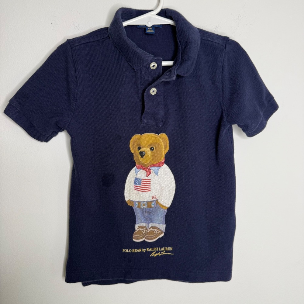 M2 Polo Ralph Lauren Kids Navy Blue Polo Bear Graphic Shirt Otto 02 Size 4 4T